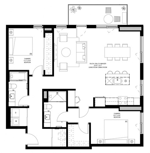 Floor plan for 2 beds, 2 baths, 1222 sqft